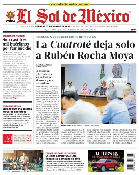 Portada de El Sol de Mexico del sábado, 22 de agosto de 2026