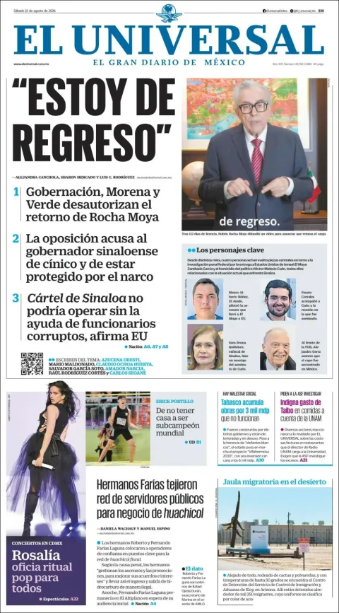 Portada de El Universal del sábado, 22 de agosto de 2026