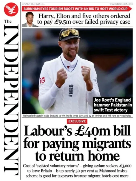Portada de The Independent del sábado, 22 de agosto de 2026