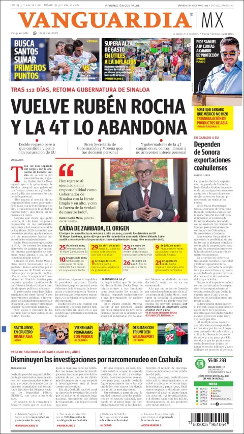 Portada de Vanguardia del sábado, 22 de agosto de 2026
