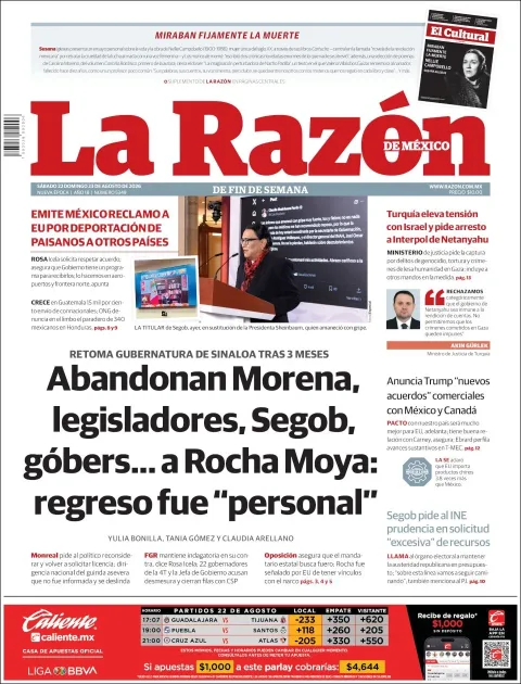 Portada de La Razon del sábado, 22 de agosto de 2026