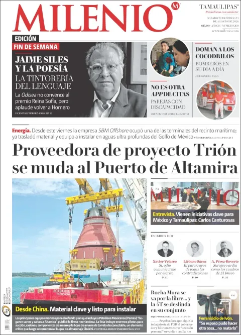 Portada de Milenio Tamaulipas del sábado, 22 de agosto de 2026