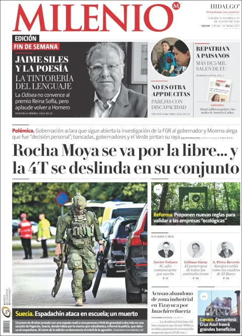 Portada de Milenio Hidalgo del sábado, 22 de agosto de 2026