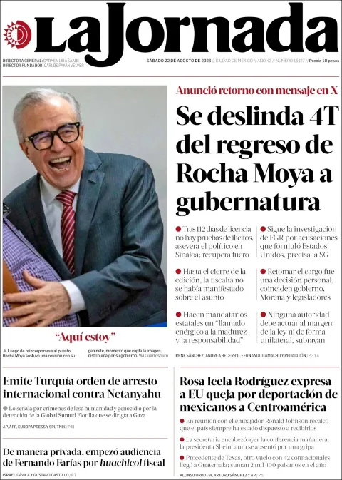 Portada de La Jornada del sábado, 22 de agosto de 2026