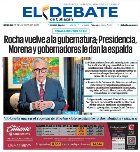 Portada de El Debate de Culiacan del 2026-08-22