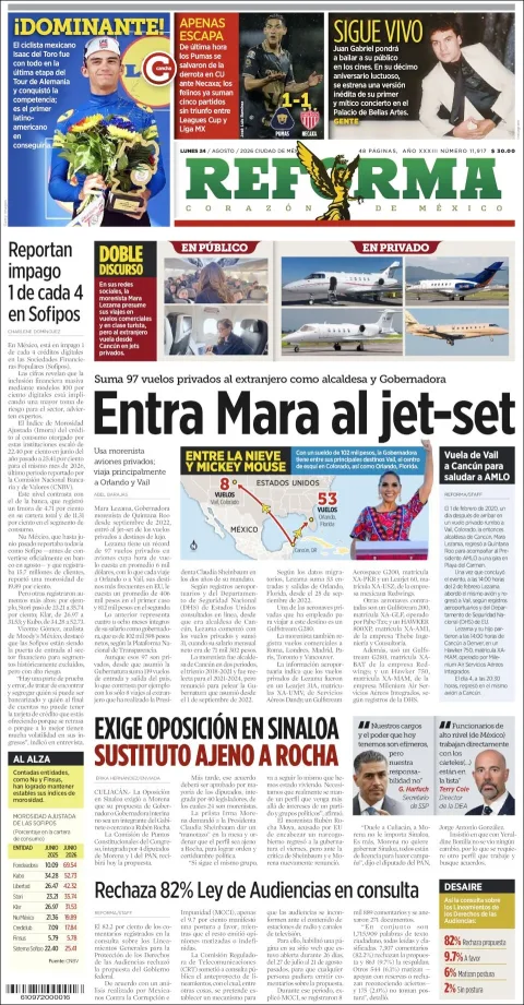 Portada de Reforma del 2026-08-24