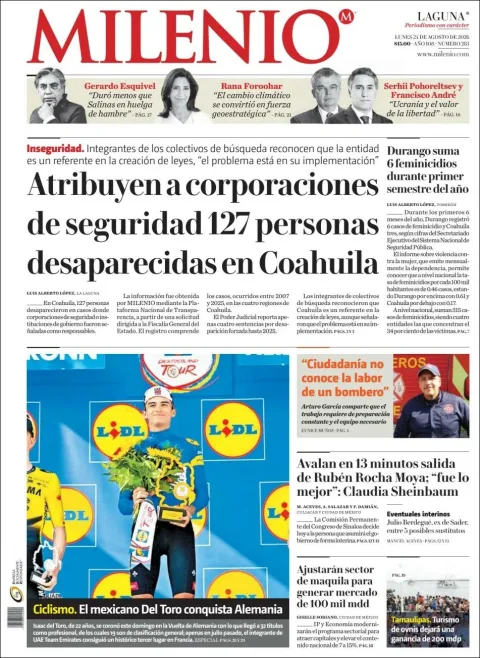 Portada de Milenio Laguna del 2026-08-24