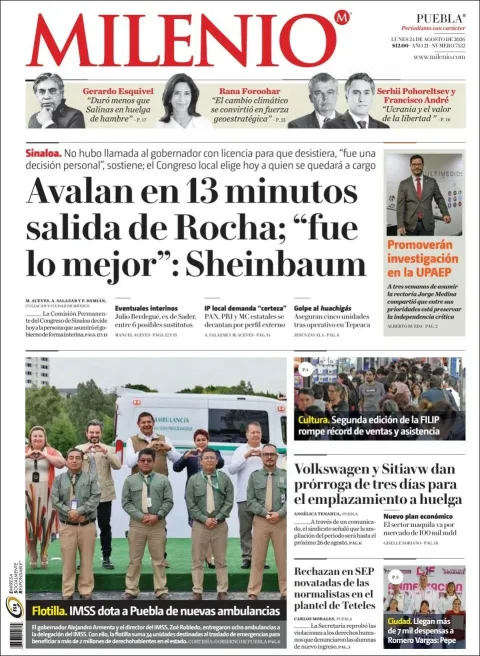 Portada de Milenio Puebla del 2026-08-24