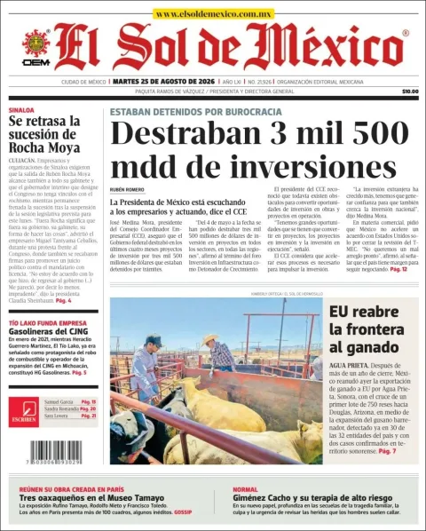 Portada de El Sol de Mexico del 2026-08-25
