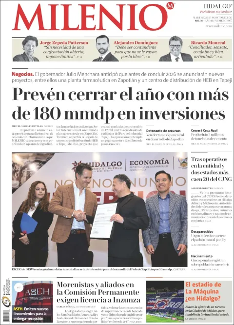 Portada de Milenio Hidalgo del 2026-08-25