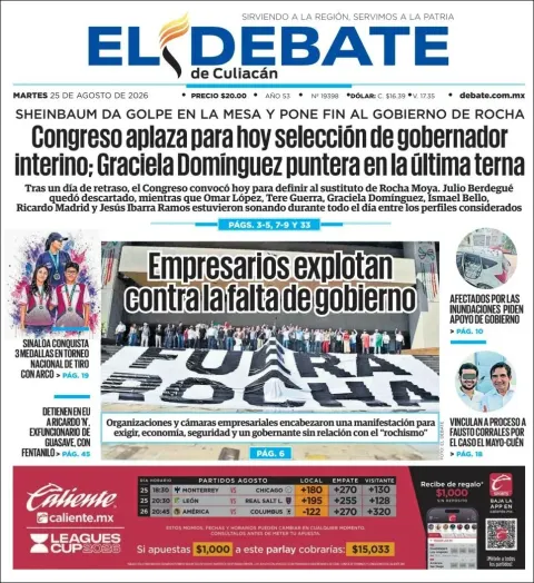 Portada de El Debate de Culiacan del 2026-08-25