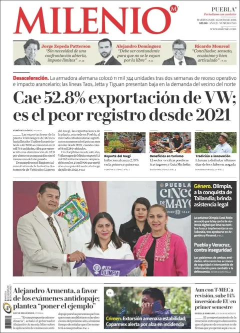 Portada de Milenio Puebla del 2026-08-25
