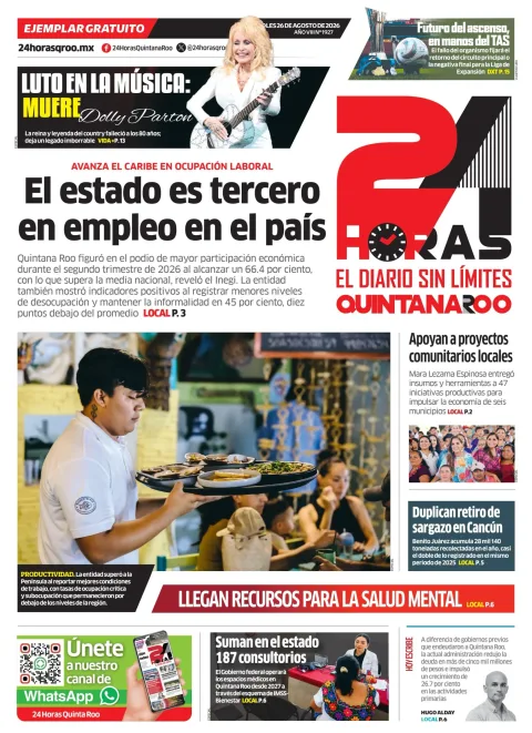 Portada de 24 Horas Quintana Roo del miércoles, 26 de agosto de 2026
