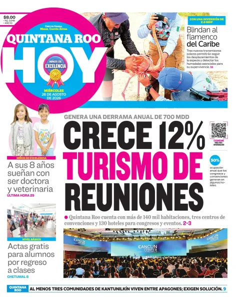 Portada de Quintana Roo Hoy (portada) del miércoles, 26 de agosto de 2026