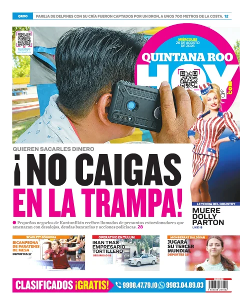 Portada de Quintana Roo Hoy (contraportada) del miércoles, 26 de agosto de 2026