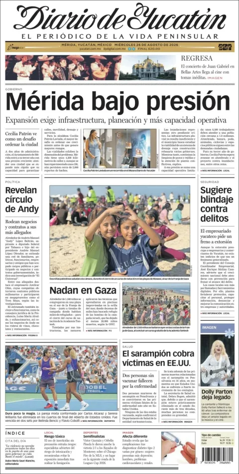 Portada de Diario de Yucatán del miércoles, 26 de agosto de 2026