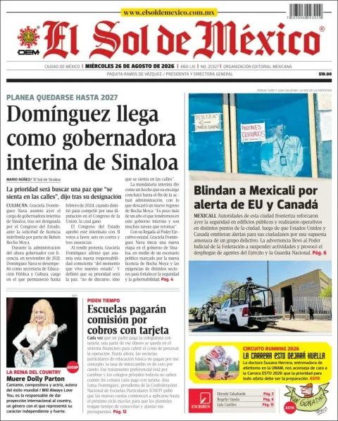 Portada de El Sol de Mexico del miércoles, 26 de agosto de 2026
