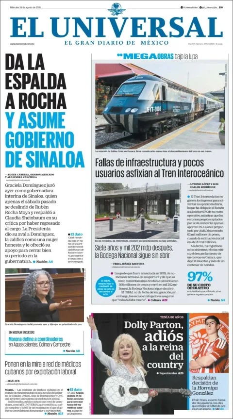 Portada de El Universal del miércoles, 26 de agosto de 2026