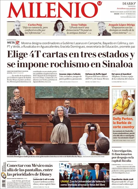 Portada de Milenio del miércoles, 26 de agosto de 2026