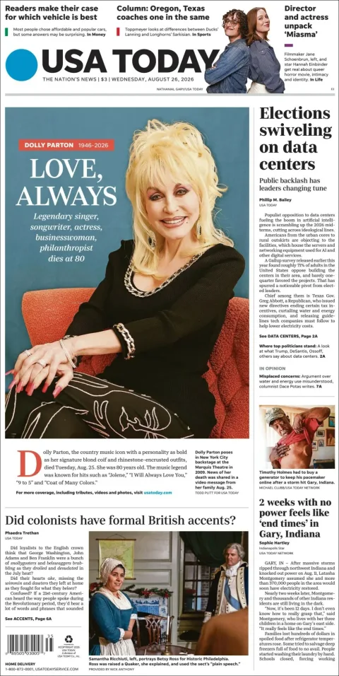 Portada de Usa Today del miércoles, 26 de agosto de 2026
