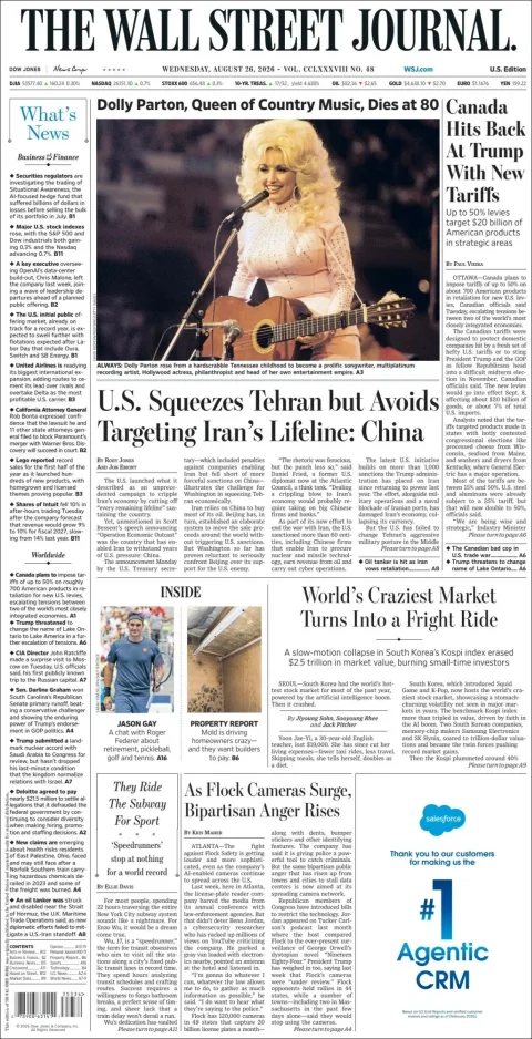 Portada de The Wall Street Journal del miércoles, 26 de agosto de 2026