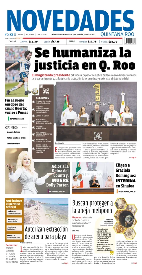 Portada de Novedades Quintana Roo del miércoles, 26 de agosto de 2026