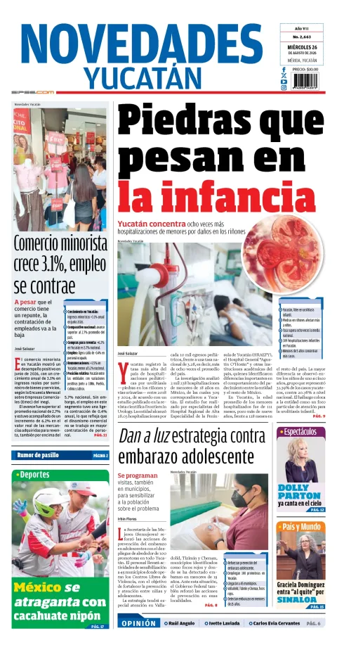 Portada de Novedades Yucatan del miércoles, 26 de agosto de 2026