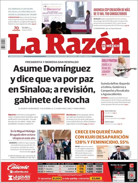 Portada de La Razon del miércoles, 26 de agosto de 2026