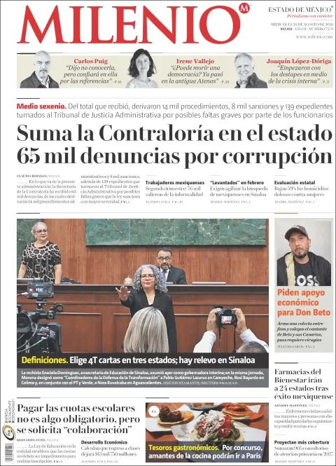 Portada de Milenio Edo de Mexico del miércoles, 26 de agosto de 2026