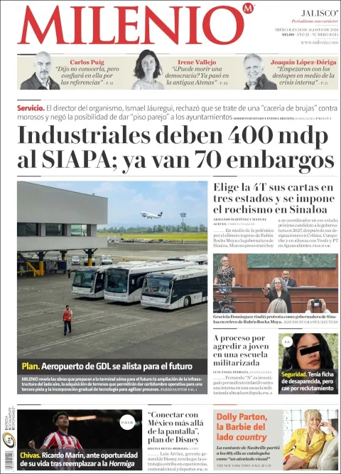 Portada de Milenio Jalisco del miércoles, 26 de agosto de 2026