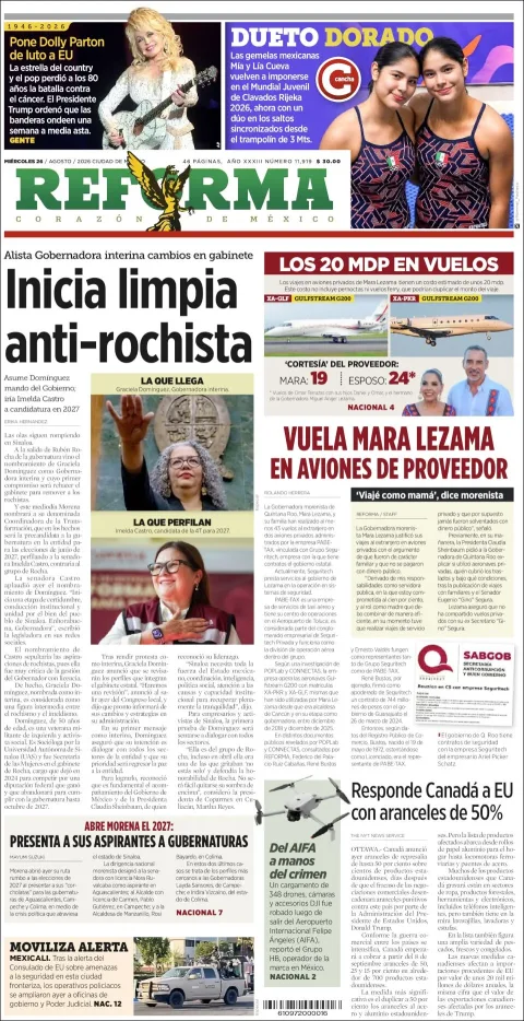 Portada de Reforma del miércoles, 26 de agosto de 2026