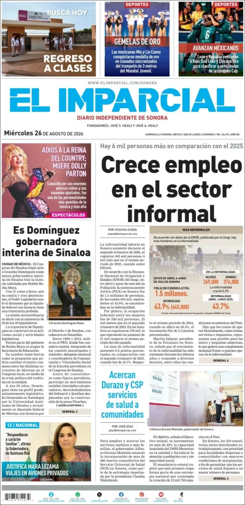 Portada de El Imparcial del miércoles, 26 de agosto de 2026