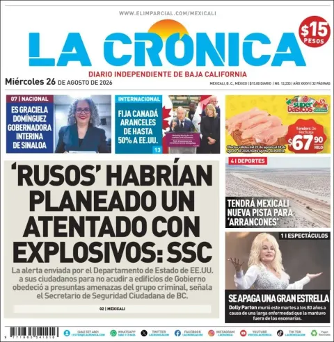 Portada de La Cronica del miércoles, 26 de agosto de 2026