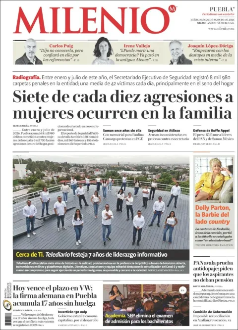 Portada de Milenio Puebla del miércoles, 26 de agosto de 2026