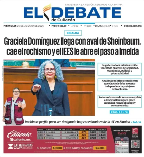 Portada de El Debate de Culiacan del miércoles, 26 de agosto de 2026