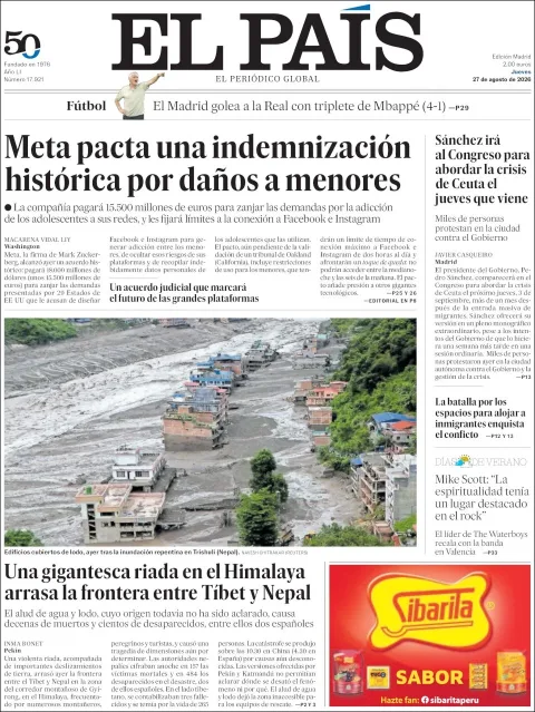 Portada de El Pais del jueves, 27 de agosto de 2026