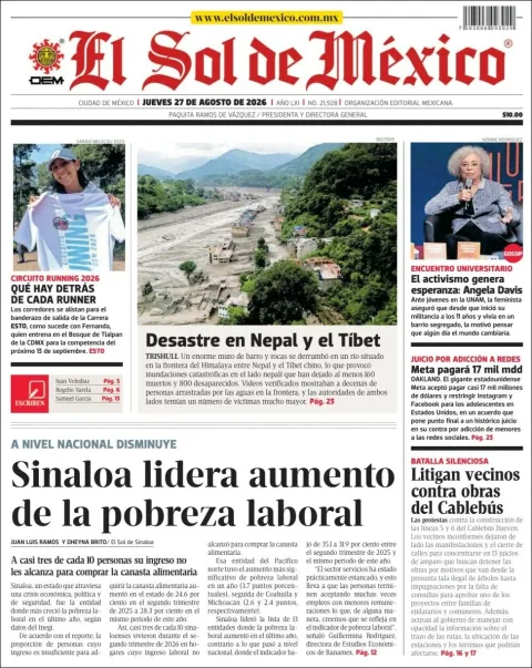 Portada de El Sol de Mexico del jueves, 27 de agosto de 2026