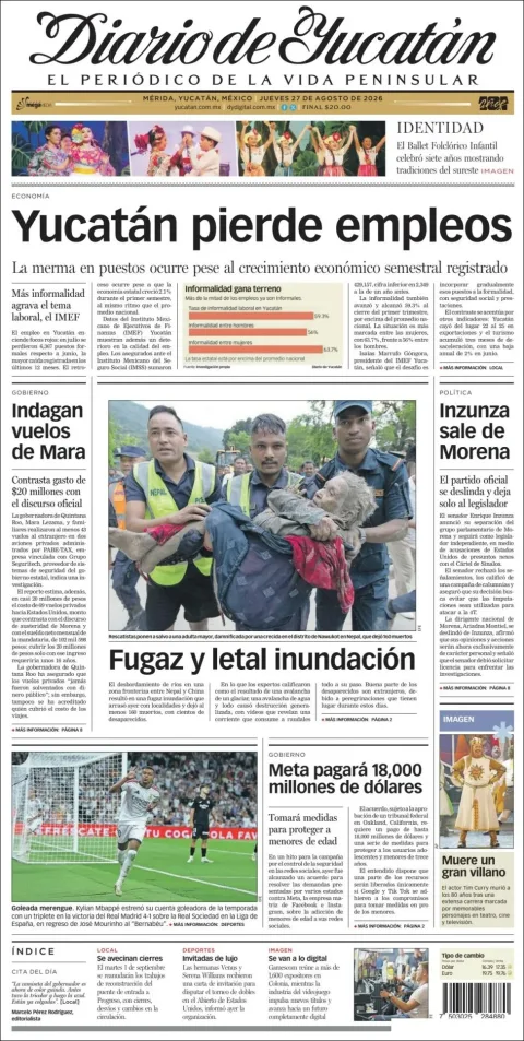 Portada de Diario de Yucatán del jueves, 27 de agosto de 2026