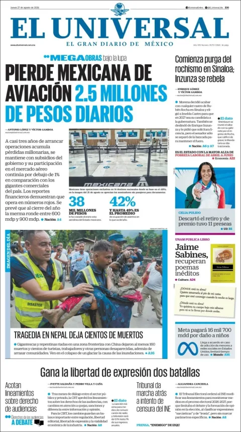 Portada de El Universal del jueves, 27 de agosto de 2026