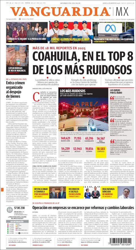 Portada de Vanguardia del jueves, 27 de agosto de 2026