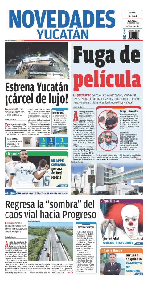 Portada de Novedades Yucatan del jueves, 27 de agosto de 2026