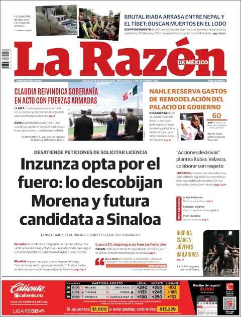 Portada de La Razon del jueves, 27 de agosto de 2026