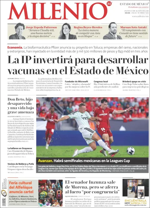 Portada de Milenio Edo de Mexico del jueves, 27 de agosto de 2026