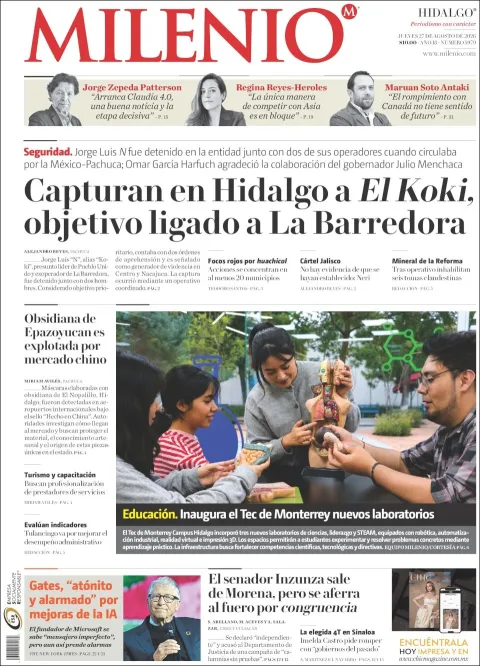 Portada de Milenio Hidalgo del jueves, 27 de agosto de 2026