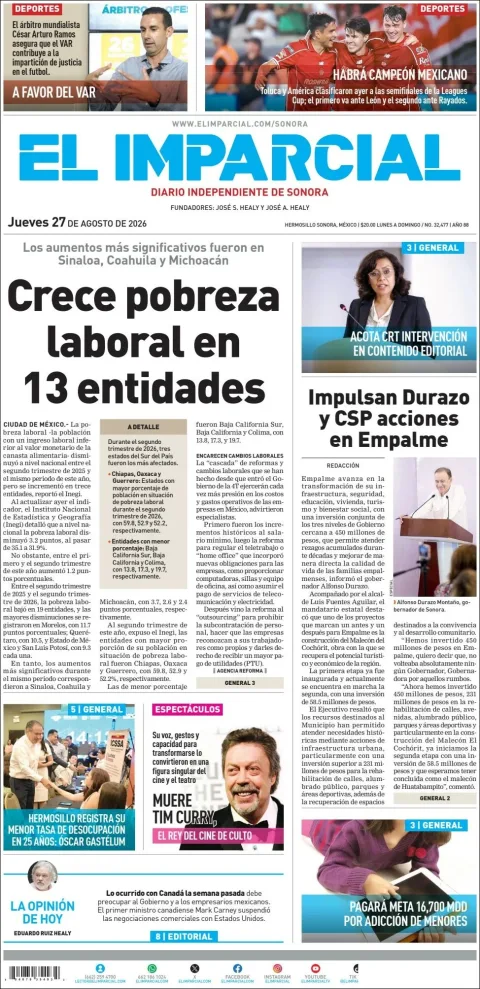 Portada de El Imparcial del 2026-08-27