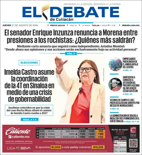 Portada de El Debate de Culiacan del 2026-08-27