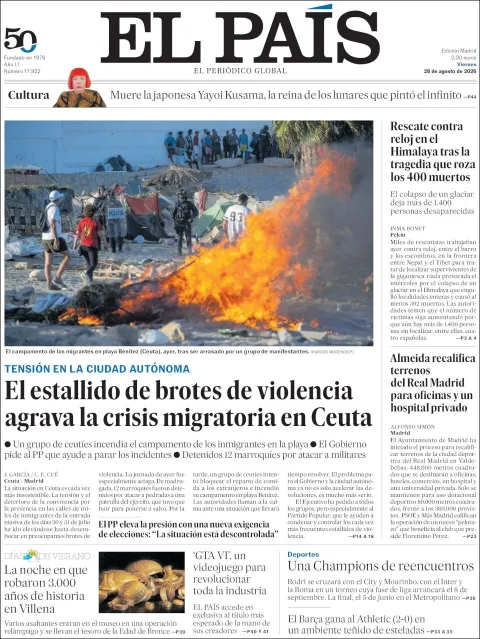 Portada de El Pais del viernes, 28 de agosto de 2026