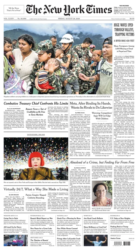 Portada de The New York Times (new York) del viernes, 28 de agosto de 2026