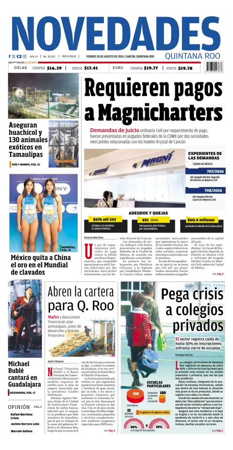Portada de Novedades Quintana Roo del viernes, 28 de agosto de 2026