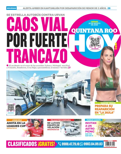 Portada de Quintana Roo Hoy (contraportada) del viernes, 28 de agosto de 2026